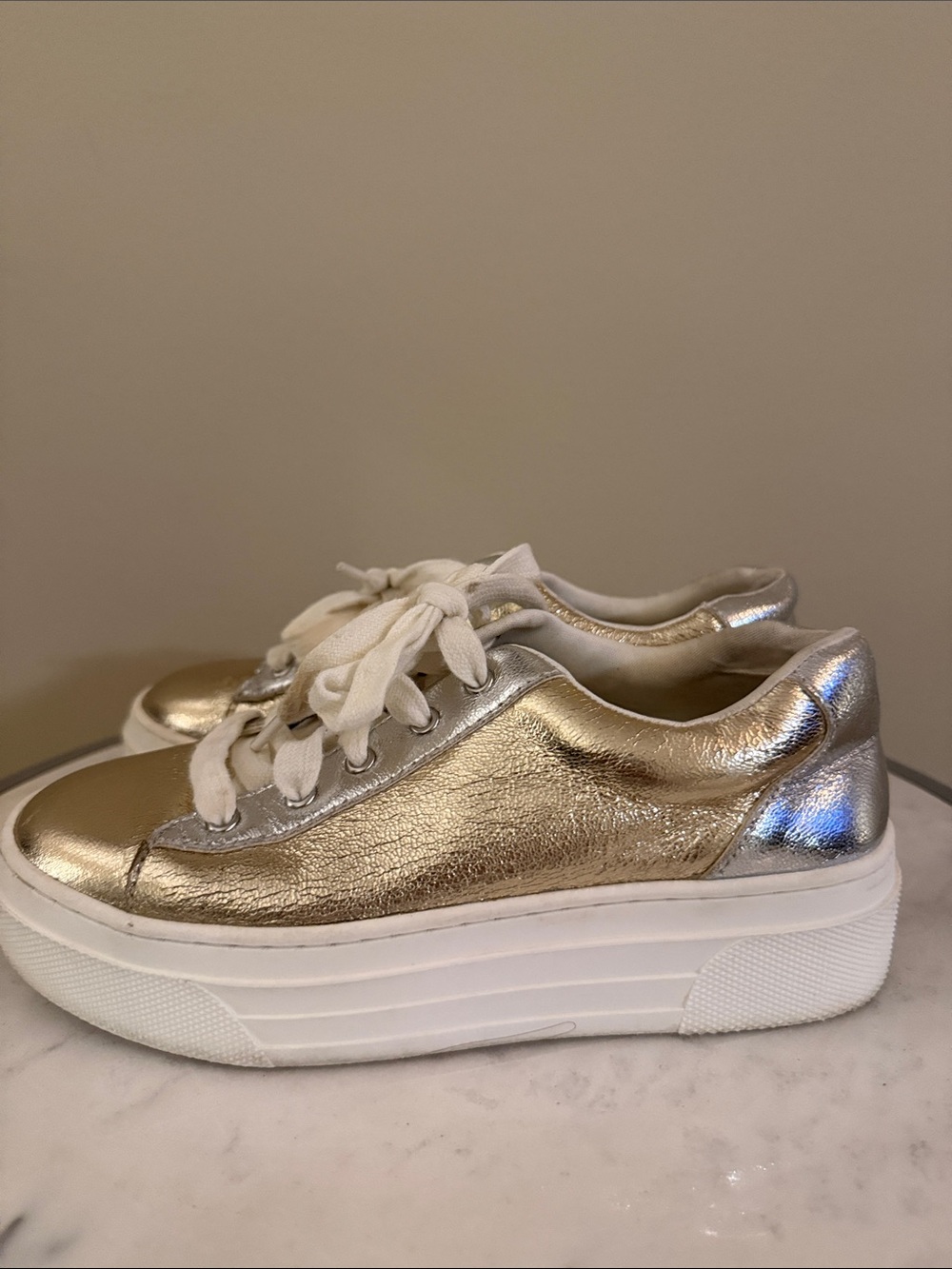 Steve Madden Girls Metallic Gold Platform Sneakers with White Soles